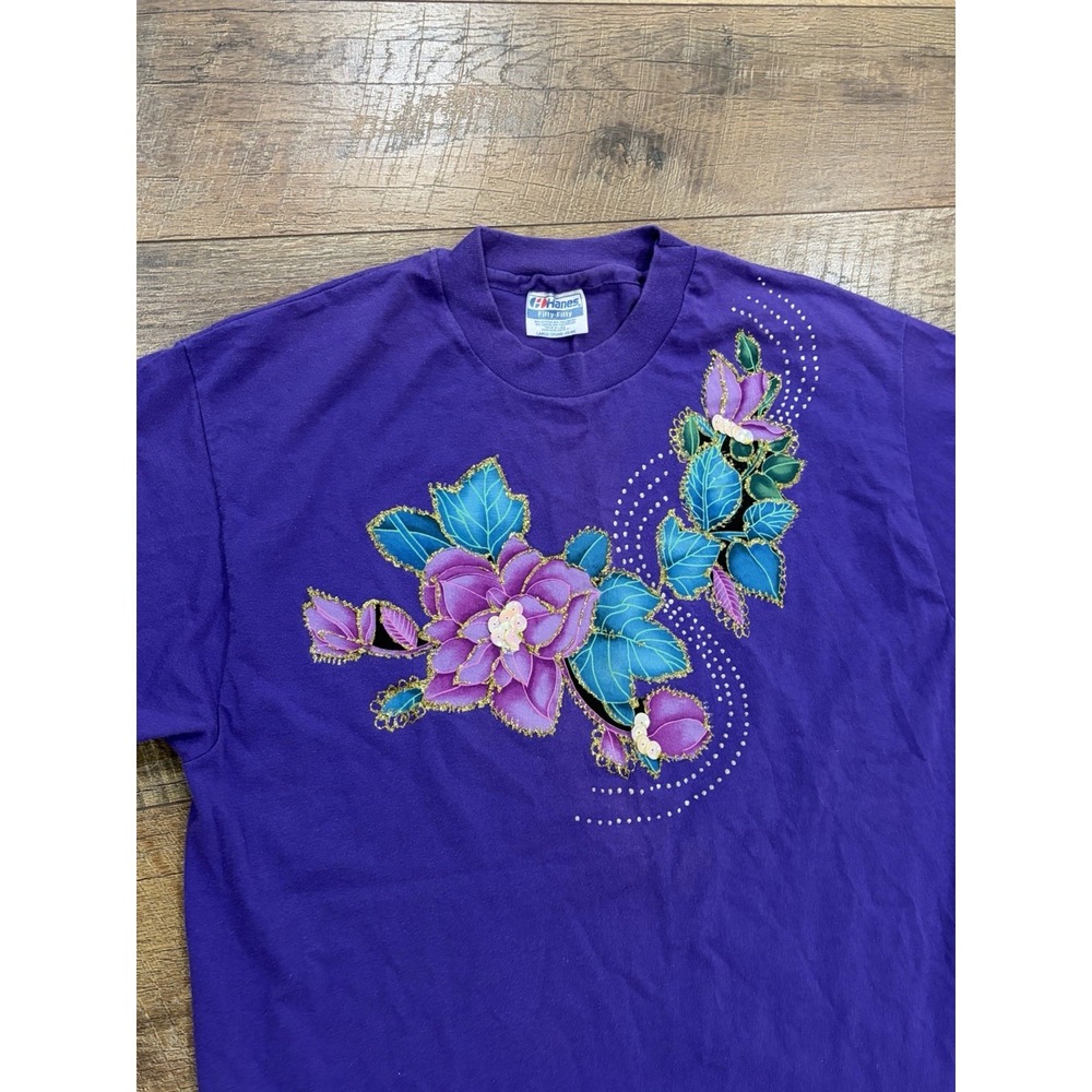 Vintage 80s Flowers Rhinestones Sequins Tee Purple Medium USA‎ Made Cottagecore - Picture 2 of 9